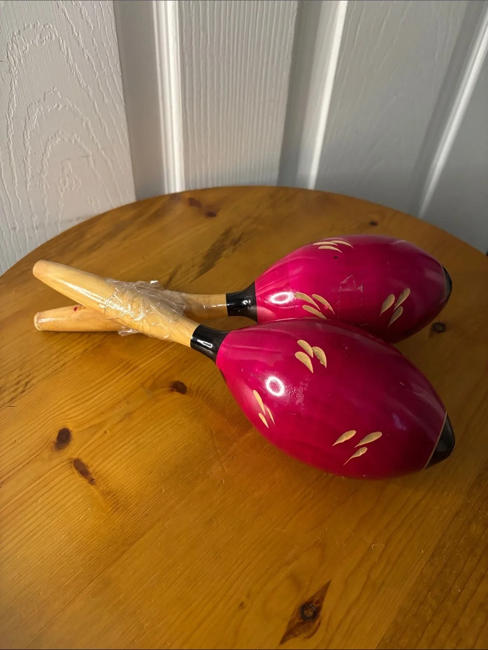 Pair of Magenta Wooden Maracas with Gold Accents
